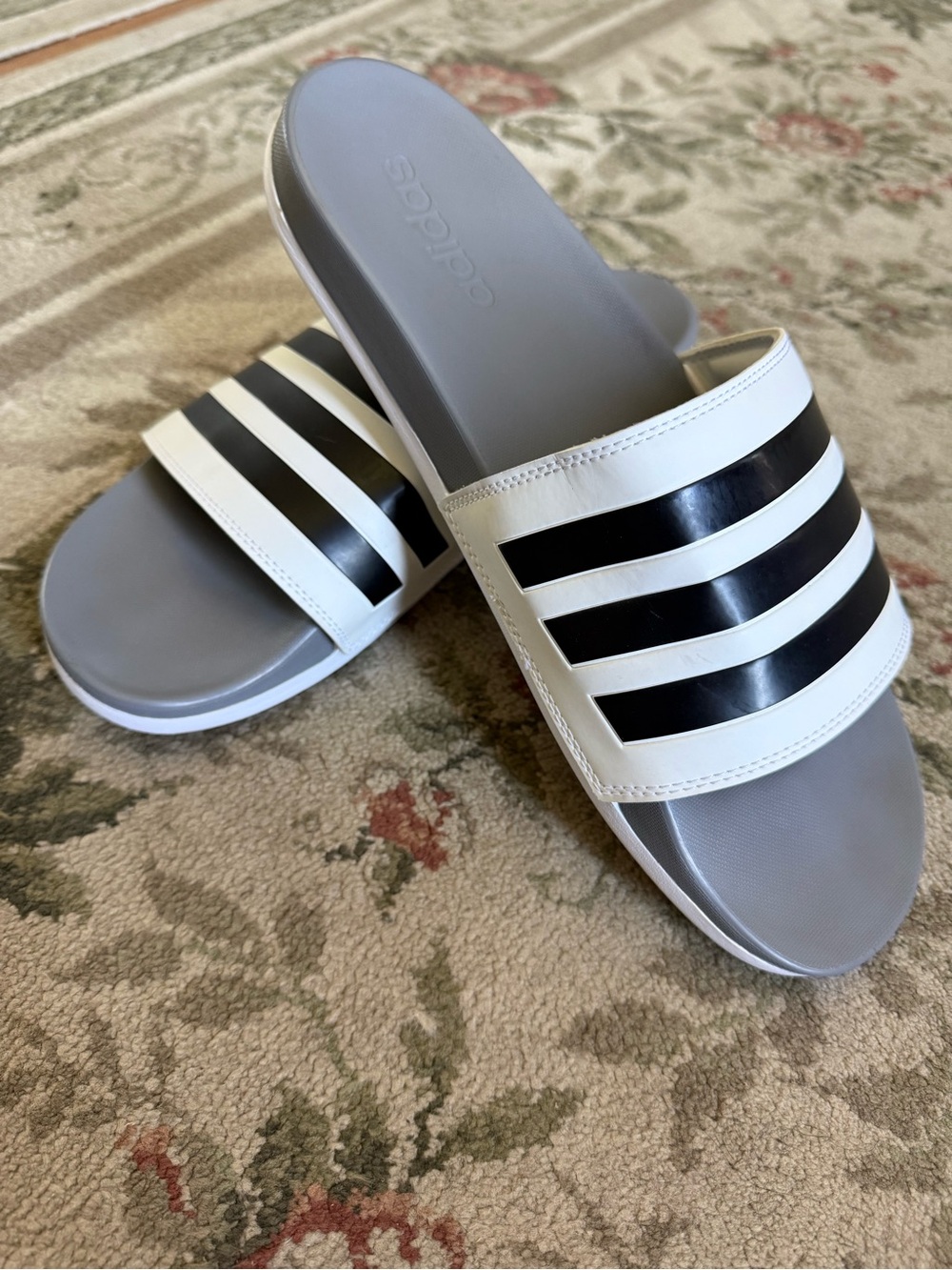 Adidas Gray Footbed White Strap Black Stripes Slide Sandals